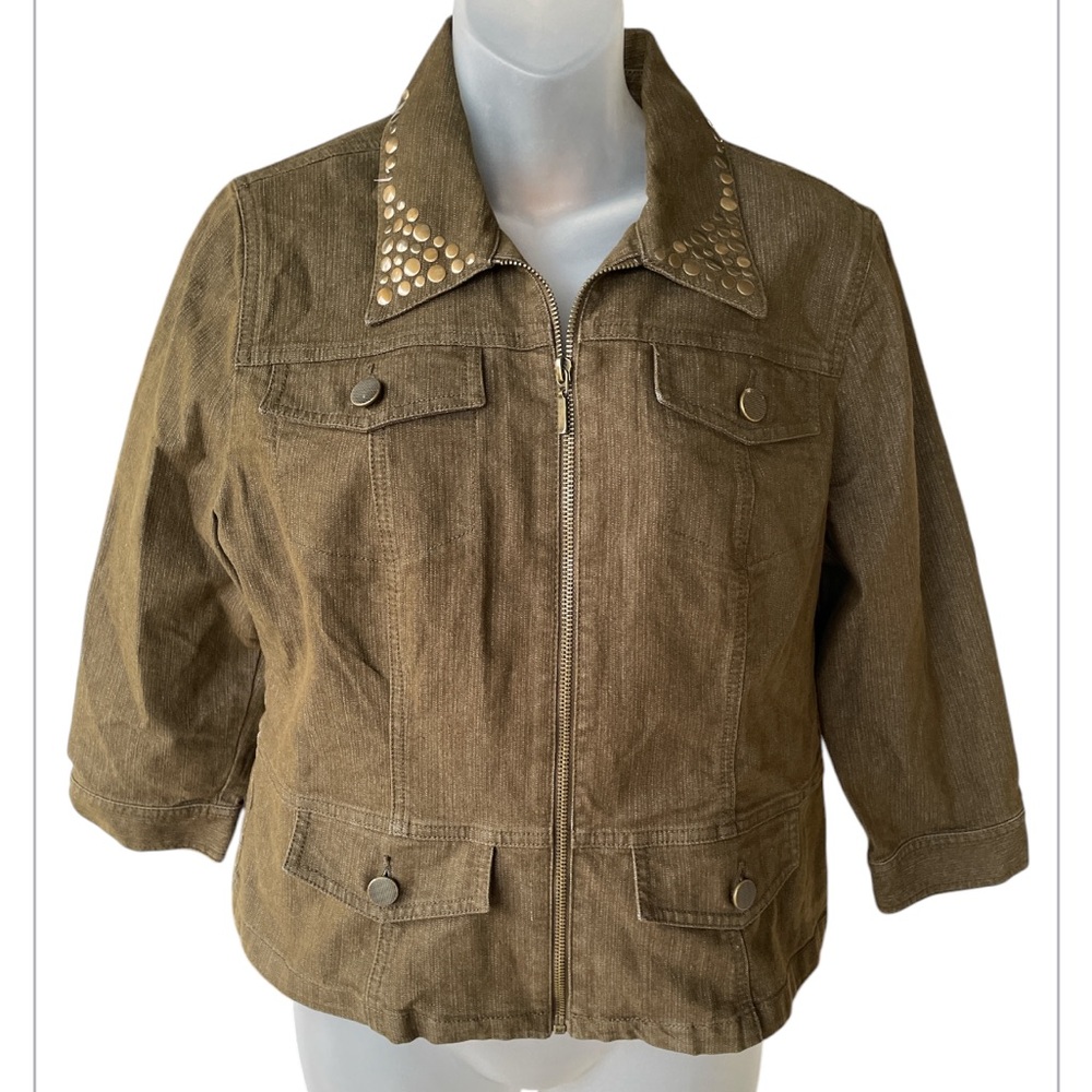 Ruby Rd. Studded Olive Green zip up jacket Blazer Jean jacket size 14P